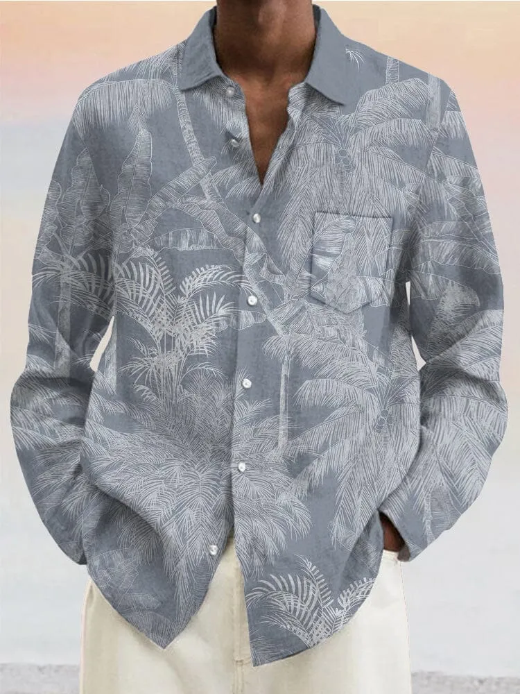 Casual Plant Print Cotton Linen Shirt