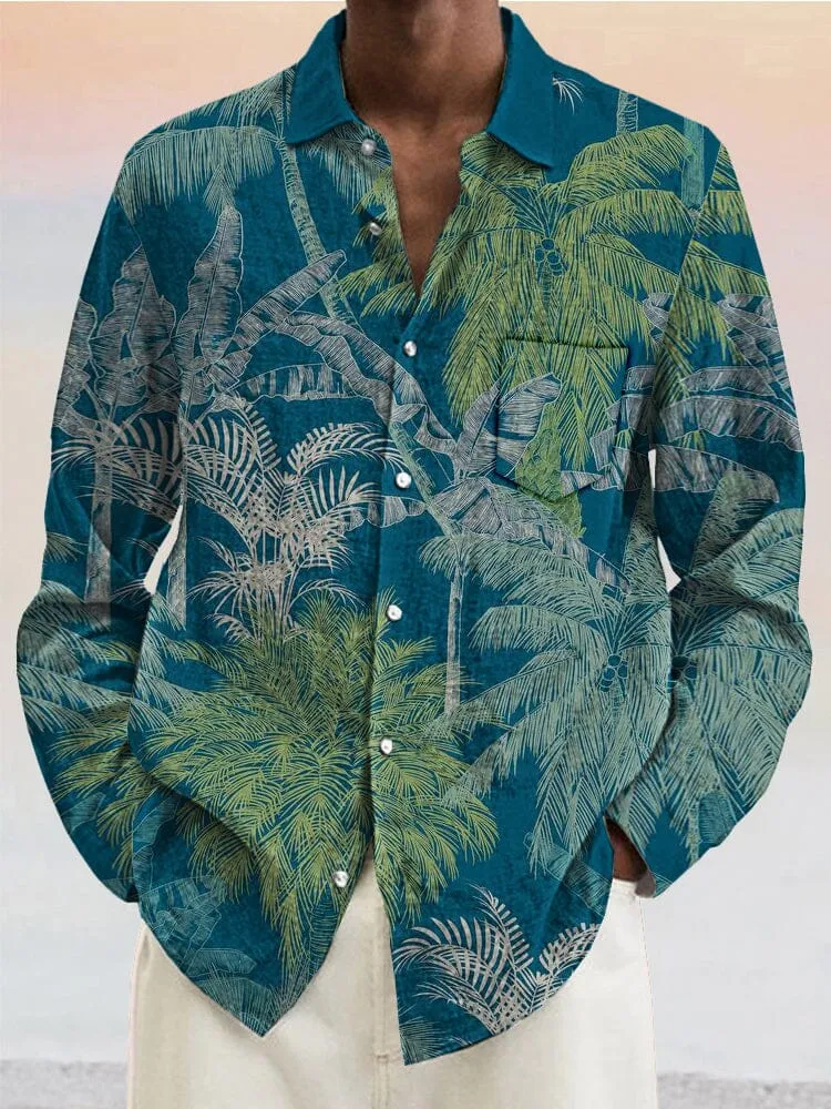 Casual Plant Print Cotton Linen Shirt