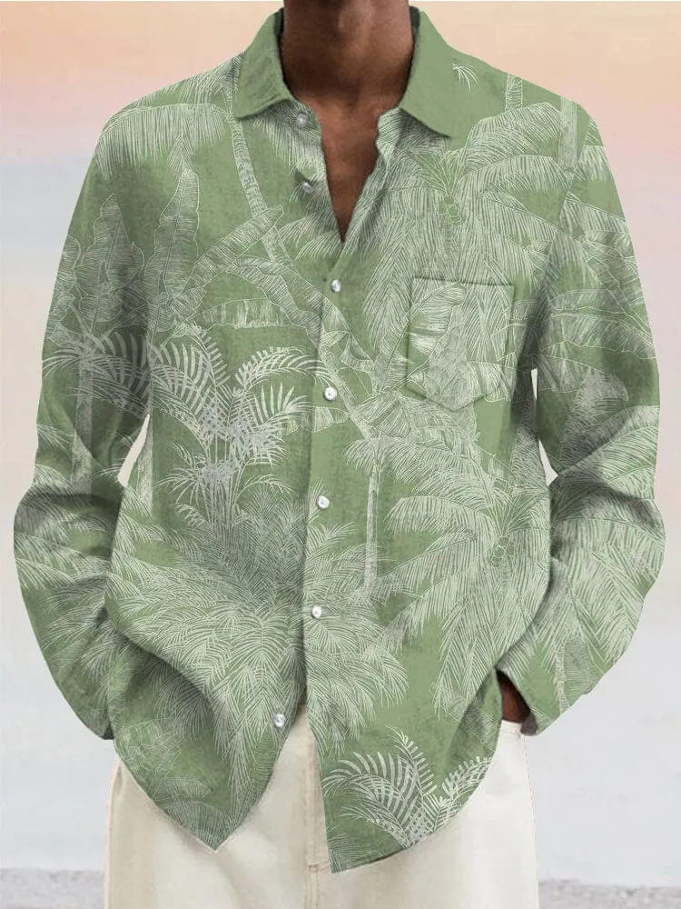 Casual Plant Print Cotton Linen Shirt